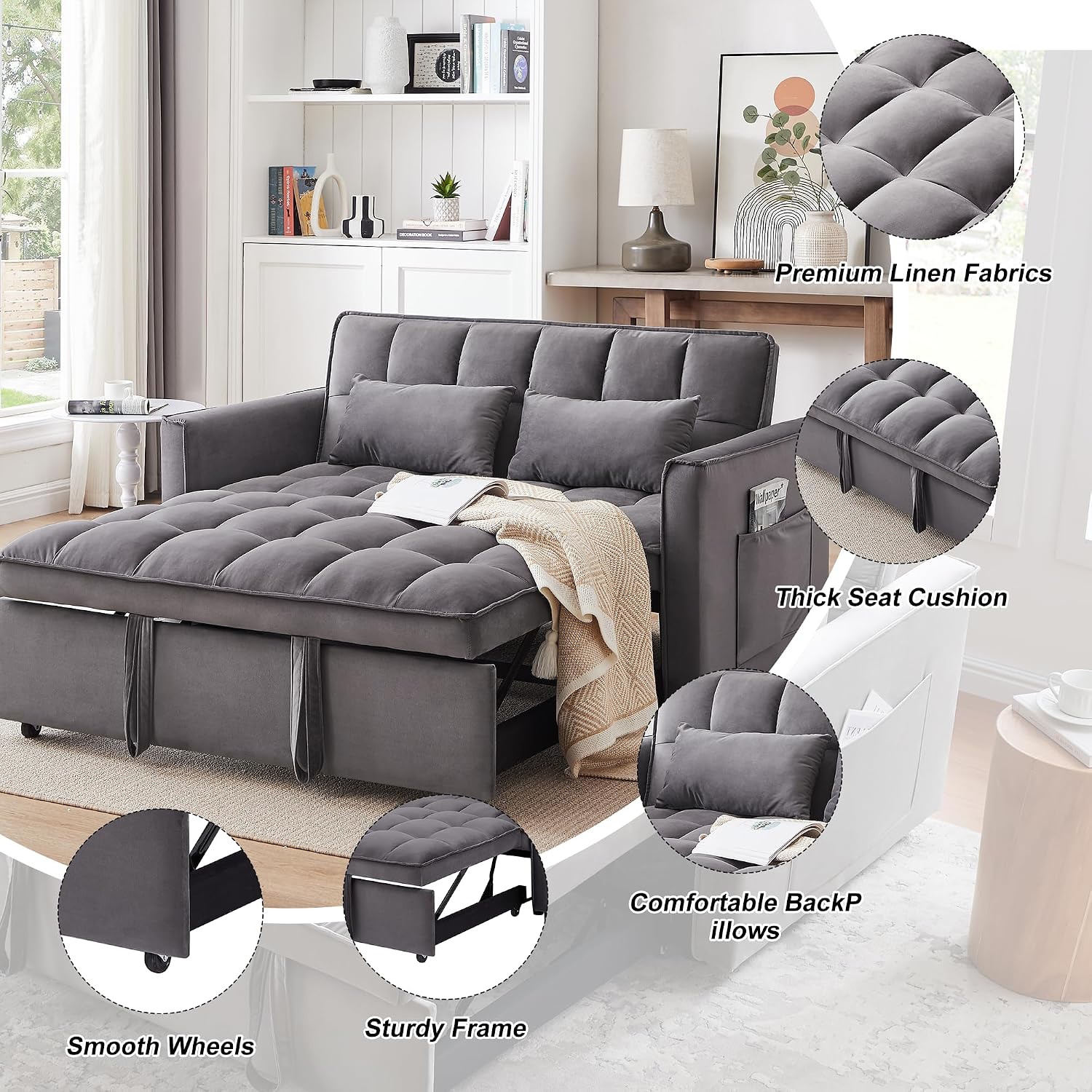 Oversized 3-in-1 Convertible Sleeper Sofa Bed, Futon Couch with Pullout Bed, 2-Seater Loveseat Sofa w/Pockets, Adjustable Backrest and Pillows for Living Room Apartment (55INCH-Dark Gray)