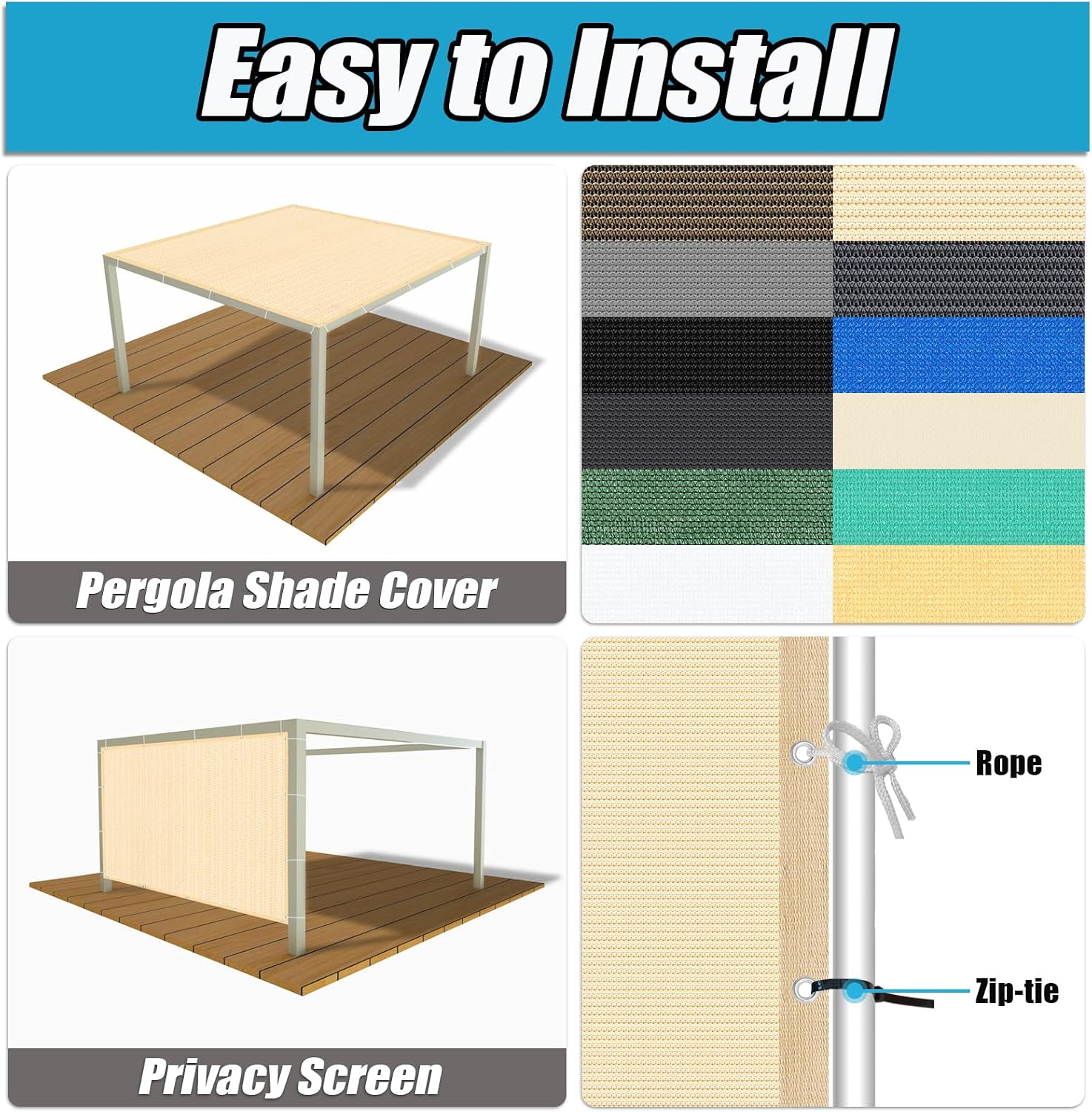 Amagenix 90% Pergola Shade Cover 14' X 20' Sun Shade Cloth with Grommets for Outdoor Garden Patio Porch, Commercial Grade 200 GSM - Cable Zip Ties Included (We Customized) GN108, Wheat