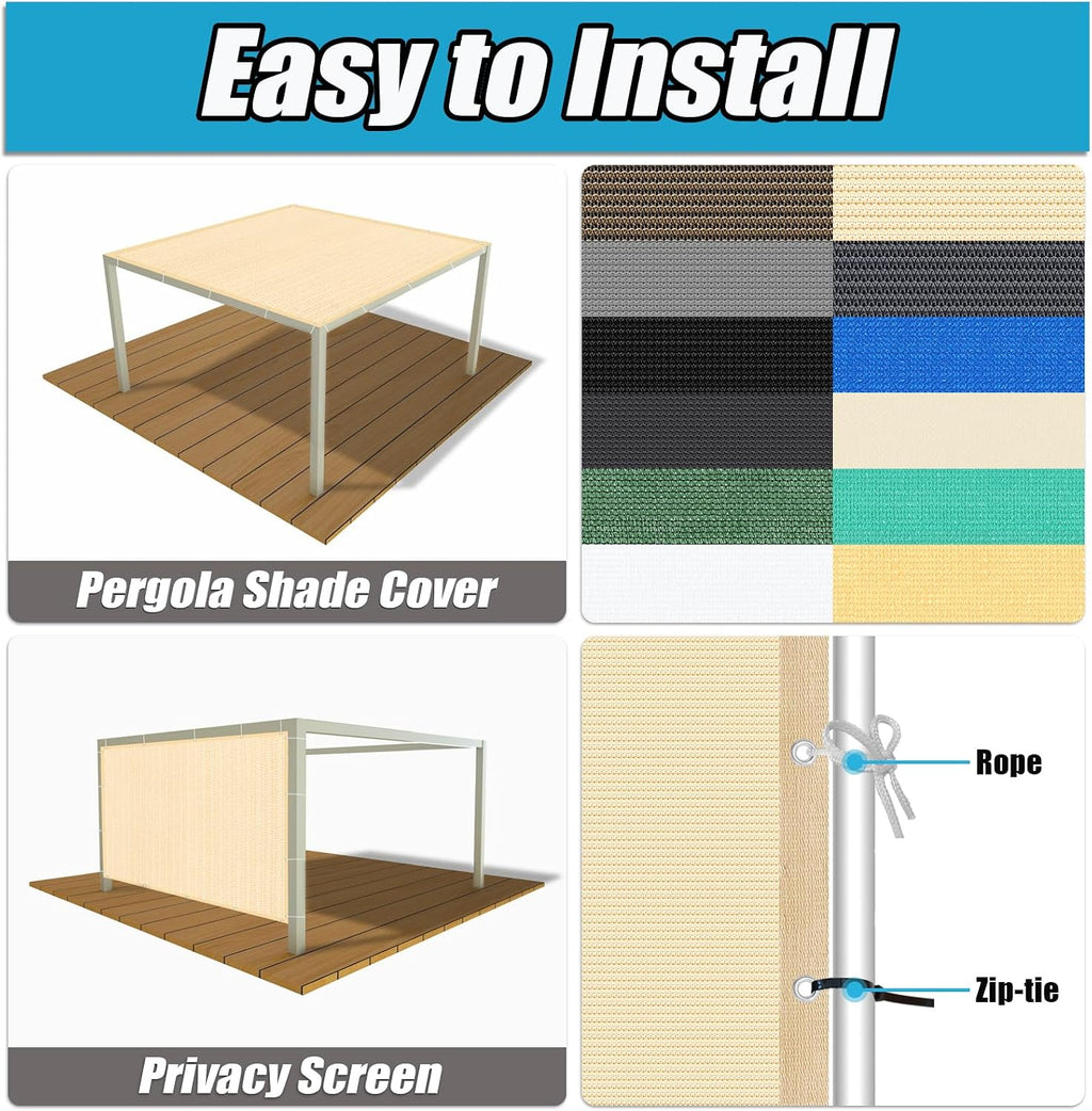 Amagenix 90% Pergola Shade Cover 16' X 16' Sun Shade Cloth with Grommets for Outdoor Garden Patio Porch, Commercial Grade 200 GSM - Cable Zip Ties Included (We Customized) GN108, Wheat