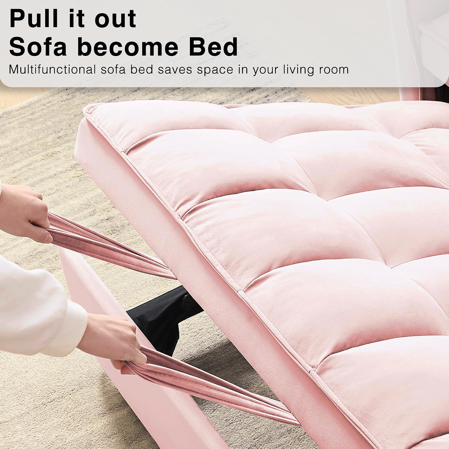 Wakefit 3 in 1 Convertible Sleeper Sofa Bed, Futon Couches for Living Room with Side Pocket | Adjustable Backrest| Velvet Fabric | Pull Out Couch | Recliner Loveseat | Sectional Sofa, Pink