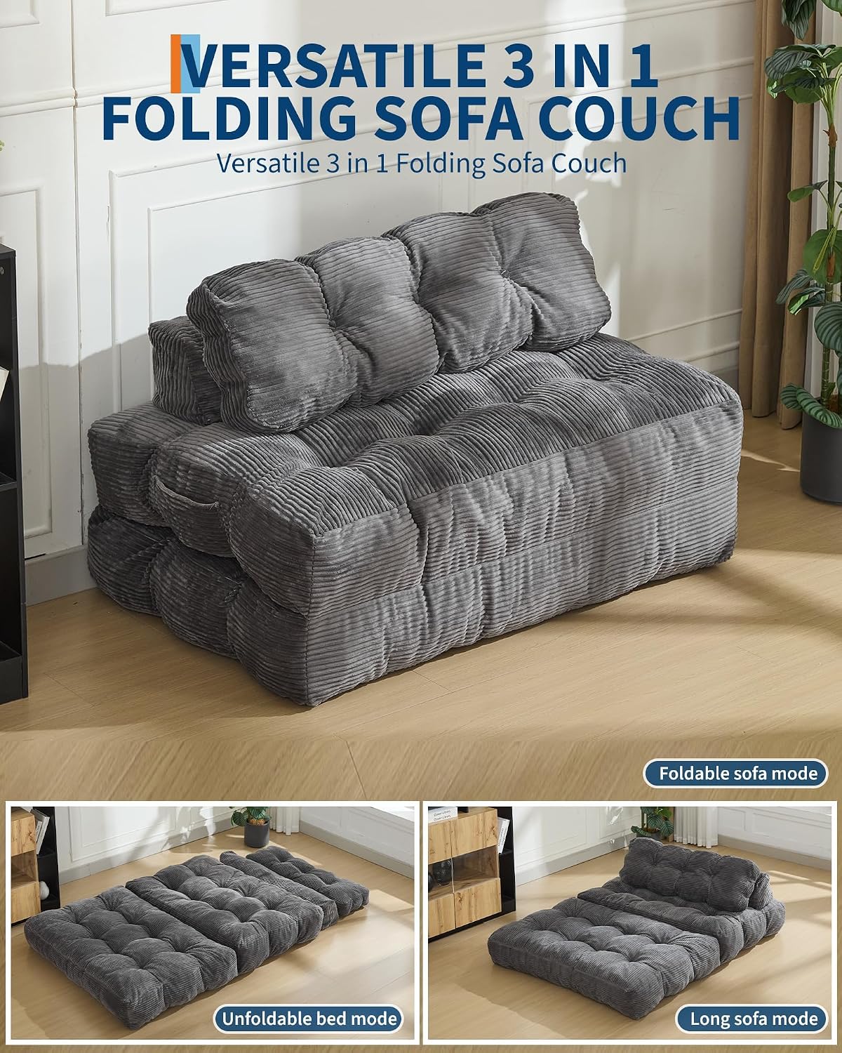 Folding Sofa Bed, 3-in-1 Convertible Sleeper Chair with Pillow, Double Futon Couch Bed with Back Support, Portable Fold Out Chair Bed Comfy Floor Sofa Lounge for Living Room Bedroom, Gray