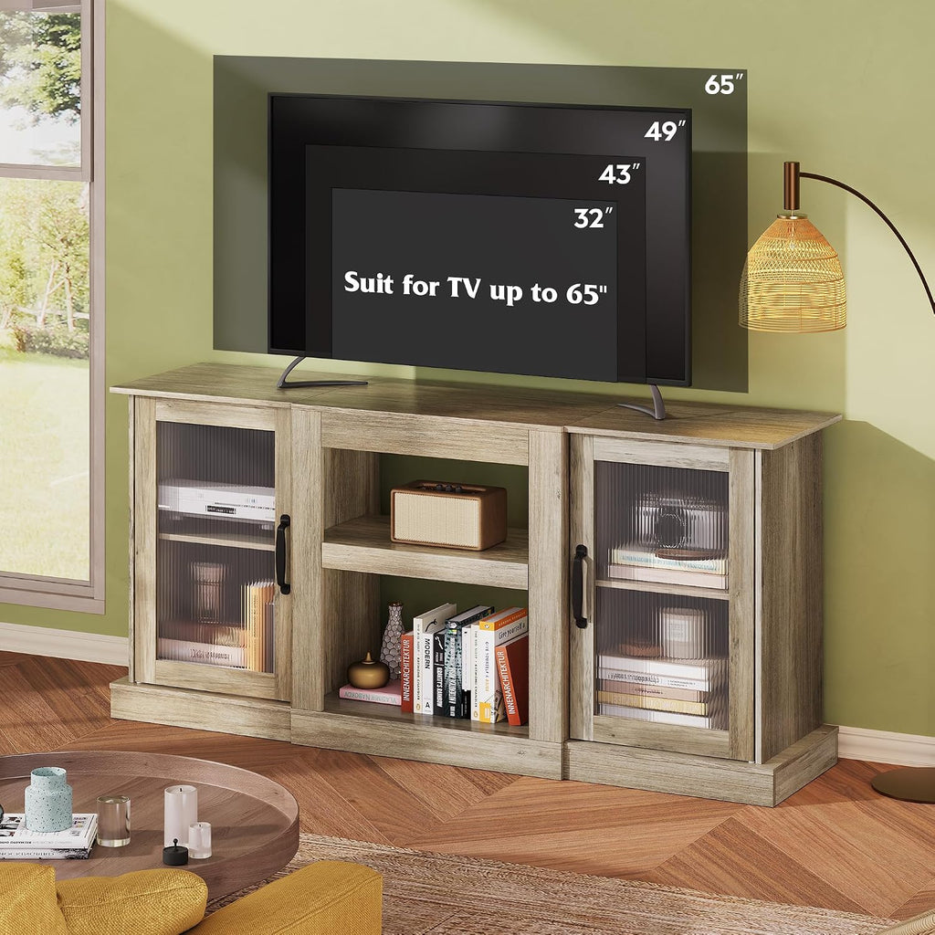 WLIVE Farmhouse TV Stand for 65 inch TV, 58' Entertainment Center with Storage Cabinets, Open Shelves TV Console for Living Room and Bedroom, Greige