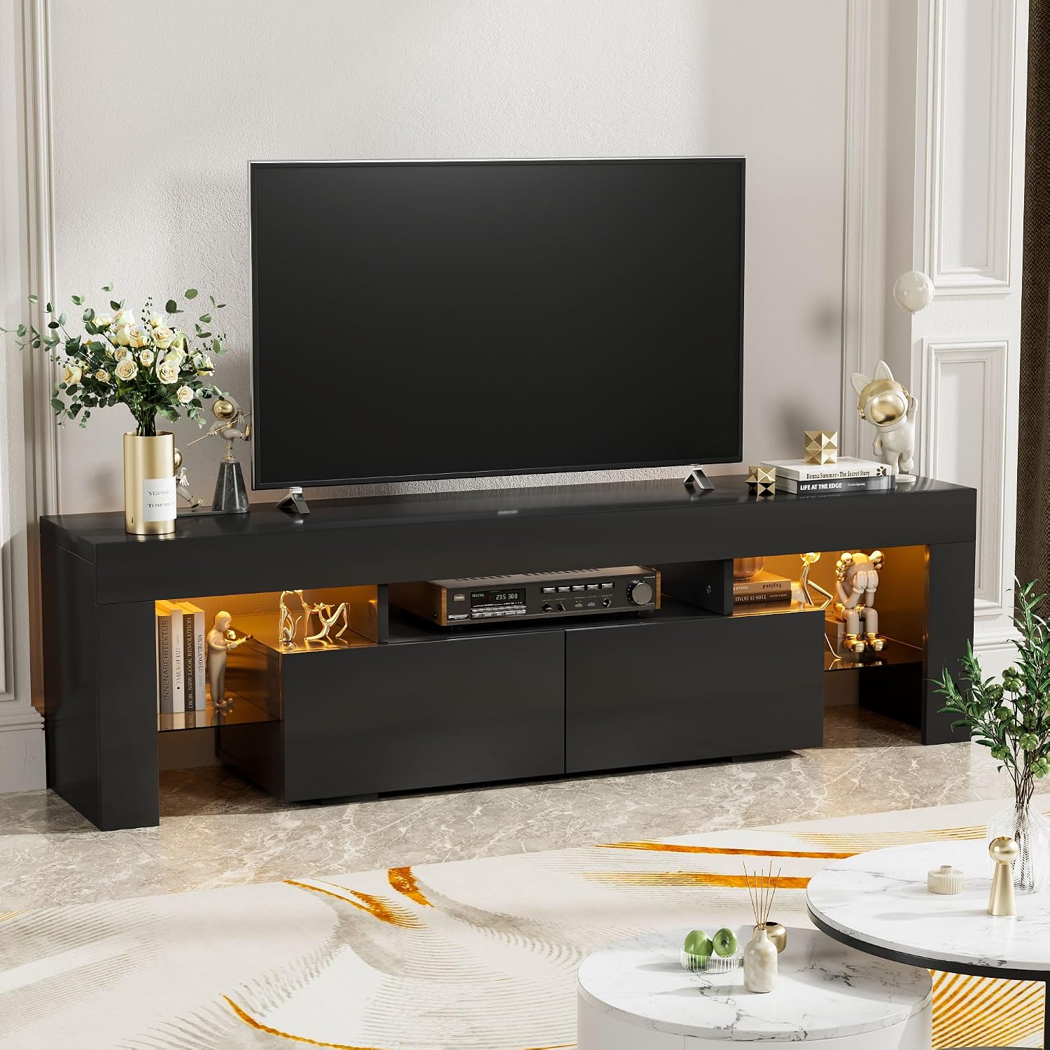 YESHOMY Modern Black LED TV Stand for Televisions up to 70 Inch with Glass Shelves and Drawer, Gaming Entertainment Center with Multiple Dynamic RGB Modes, for Livingroom, Bedroom, 60 Inch, Black