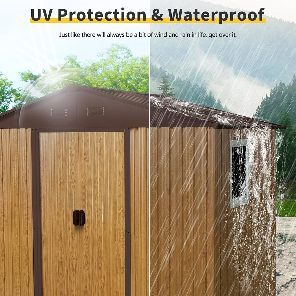 89in*47in Heavy-Duty Outdoor Metal Storage Shed with Floor Foundation & Window - Galvanized Steel Tool Shed, Tiny Home Backyard Solution w/Lock, Shelves & Anchors,Coffee