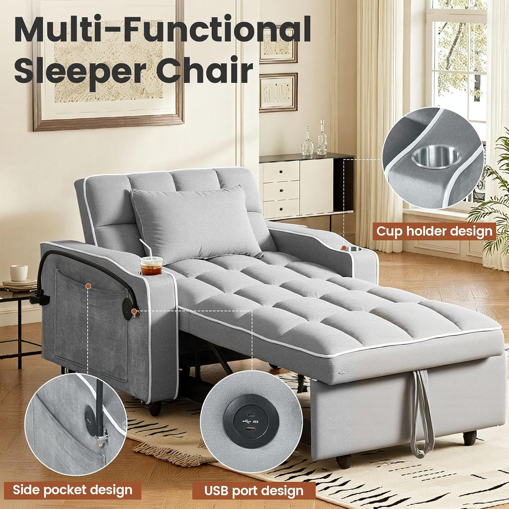 Sleeper Chair, Pull Out Chair Sleeper with Bracket and Cup Holder, Single Convertible Chairs Bed Sleepers for Adults, 3 in 1 Sofa Bed Chairs for Small Spaces, Living Room, Gray