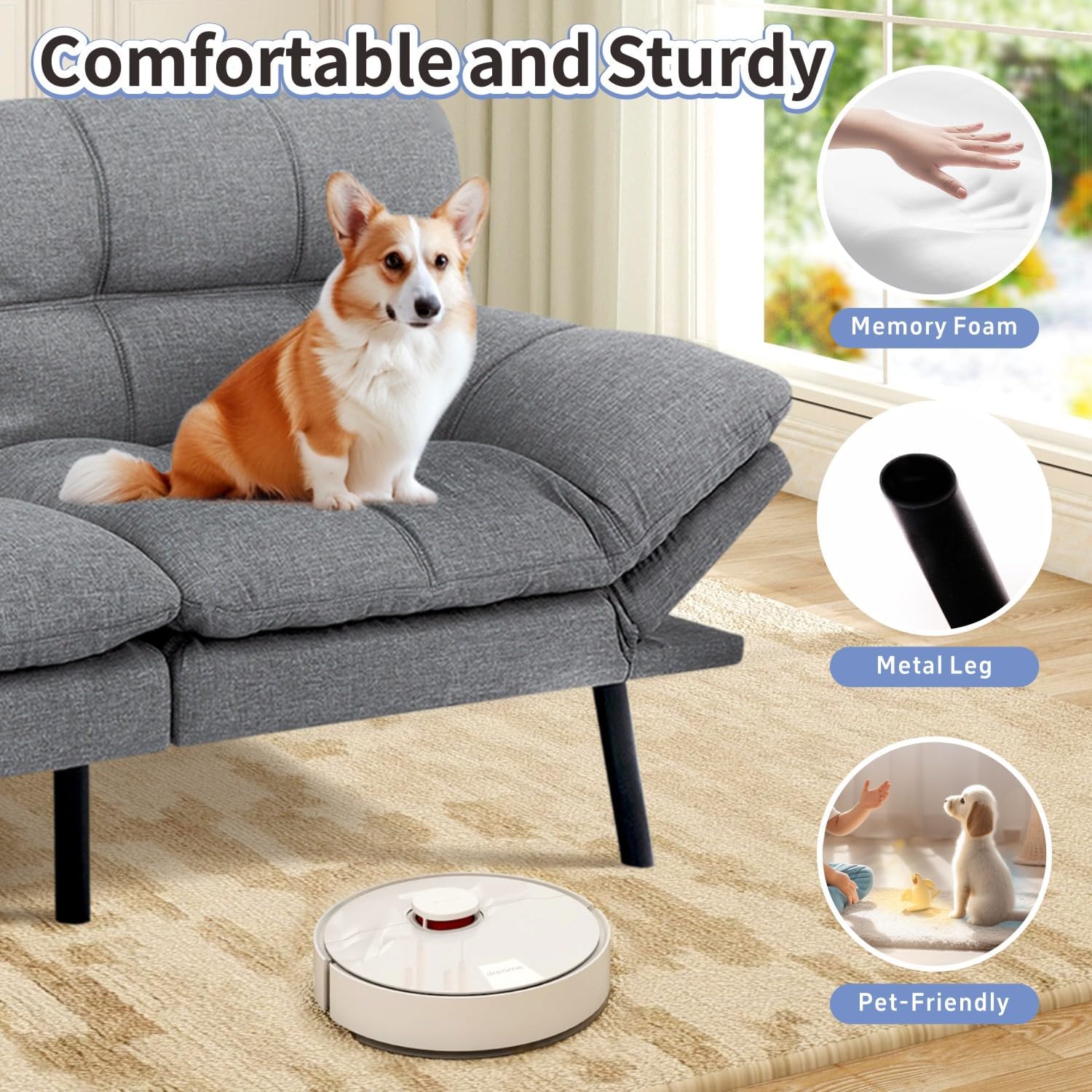 MUUEGM Futon Sofa Bed 71' Ash Convertible Memory Foam Futon Couch Bed Modern Loveseat Sleeper with Adjustable Backrests Armrests for Living Room,Small Space,Office