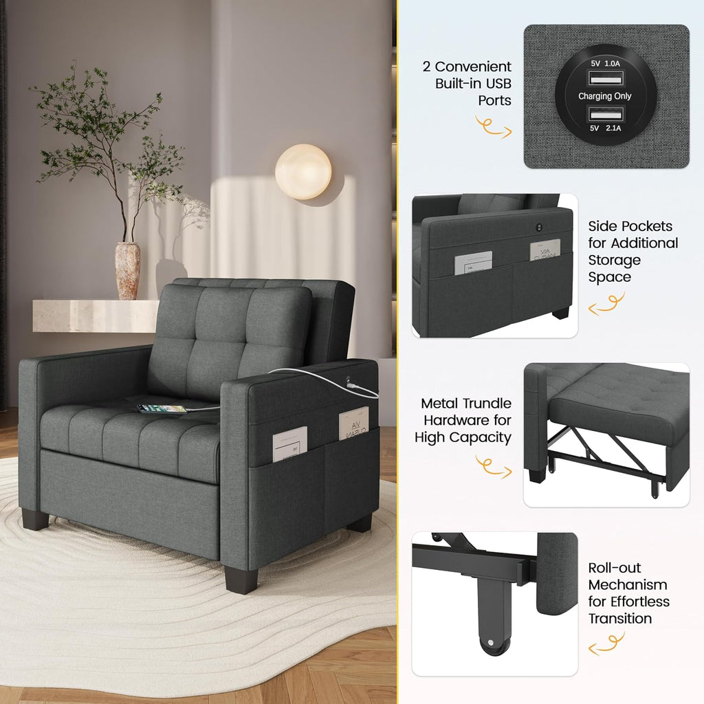 Yaheetech Sleeper Chair Convertible Chair Bed Fabric Futon Sofa Bed 3-in-1 Adjustable Sleeper Couch with 2 USB Ports for Living Room Limited Space Office Apartment, Dark Gray