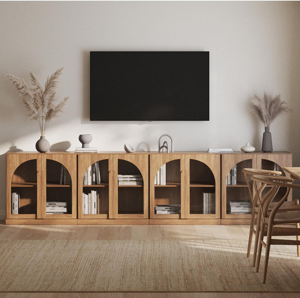BELLEZE 4-Piece Modular TV Stand Set -Modern Entertainment Center with Arched Glass Doors,Sideboards with Adjustable Shelves&Wooden Handles,Classic Media Console Table Cabinet for Living Room (Camel)