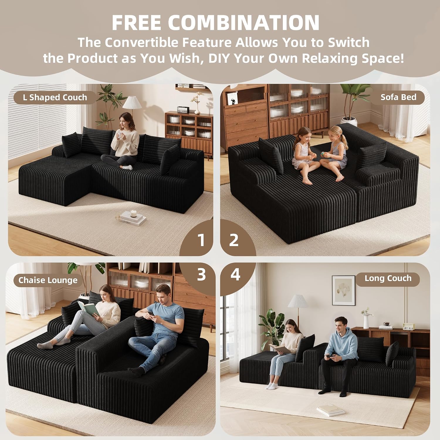 2026 New Boneless Couch, No Assembly Cloud Couch Sectional with Deep Seat & Chaise for Small Spaces, Upholstered Boneless Sectional Couch for Living Room, L Shaped Couch with Left Facing Chaise, Black