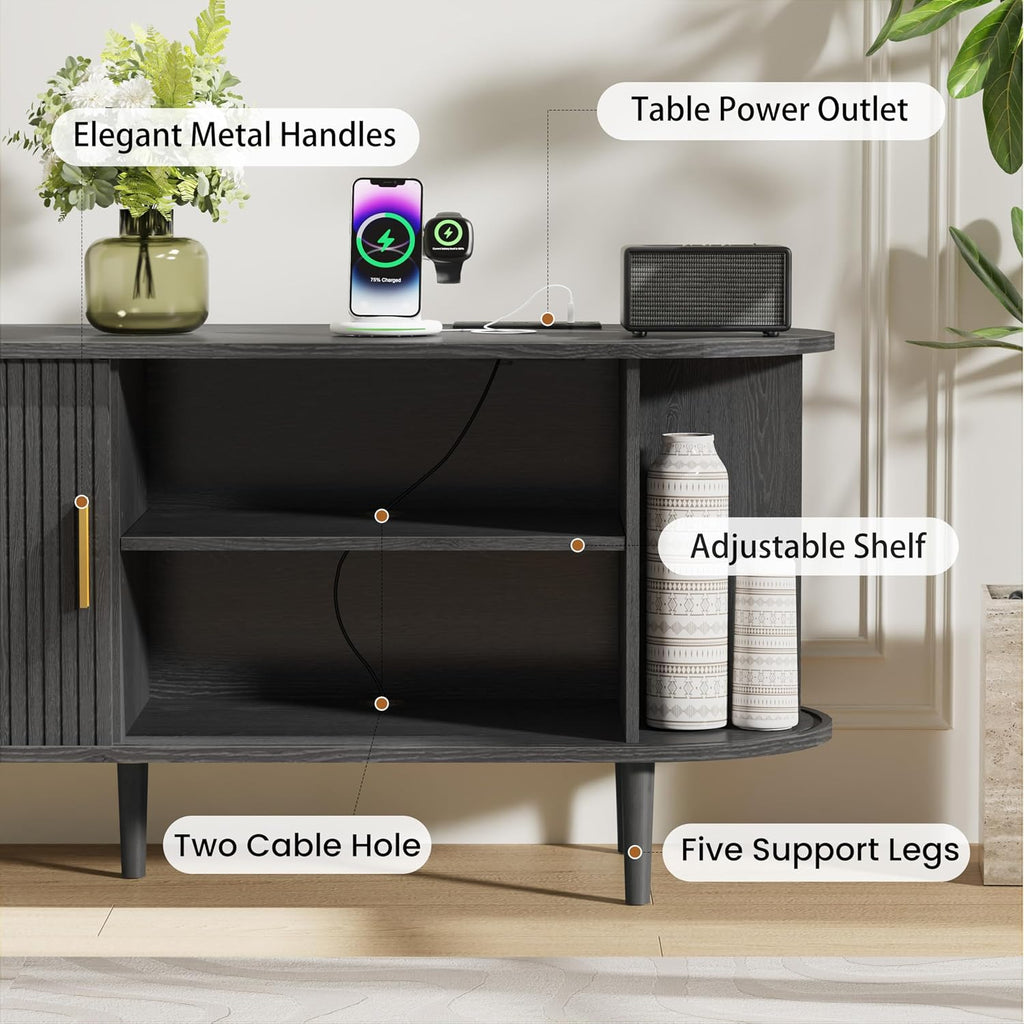 DHH 63 Inch Mid Century Modern TV Stand with Power Outlet for TVs up to 70 Inch, Entertainment Center with Storage and Adjustable Shelves, Media Console with Sliding Doors for Living Room(Black)