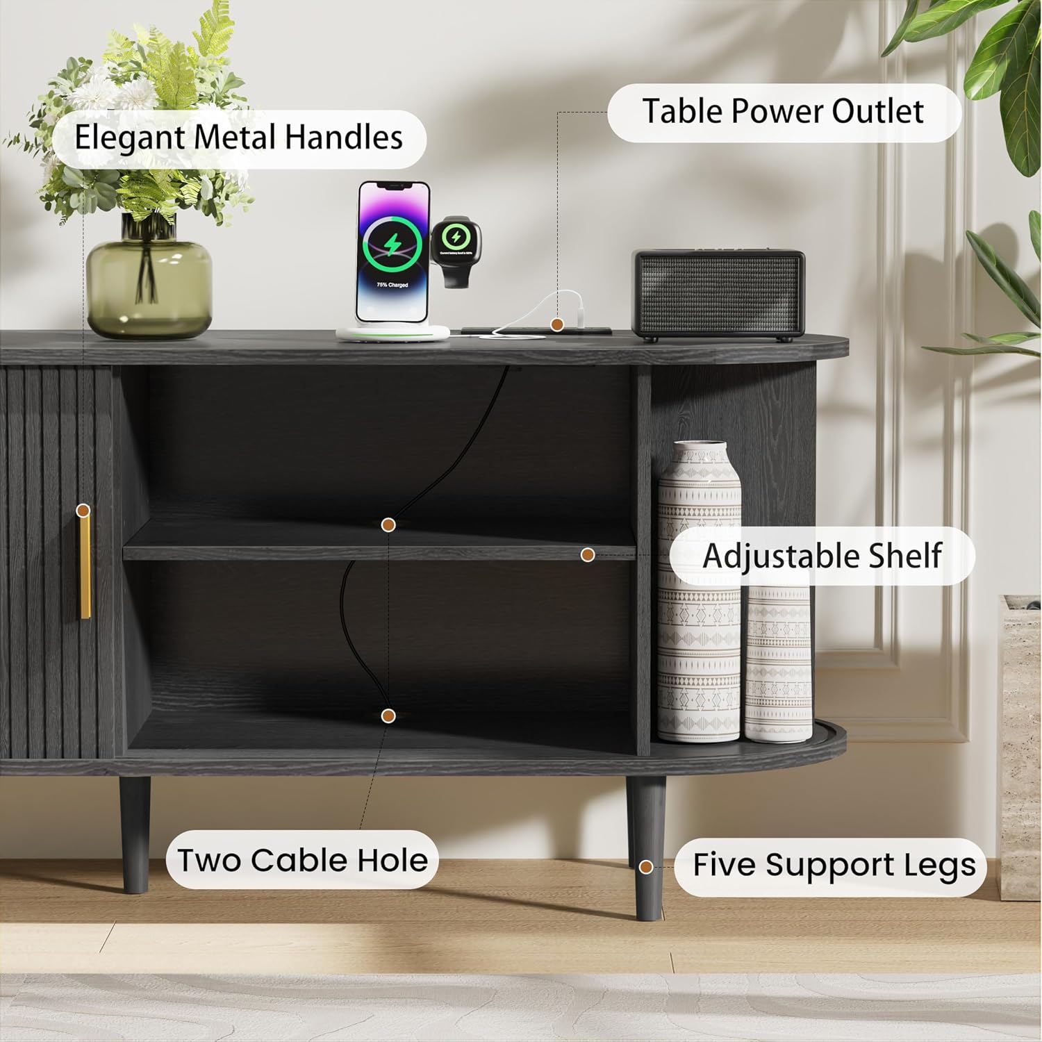 DHH 63 Inch Mid Century Modern TV Stand with Power Outlet for TVs up to 70 Inch, Entertainment Center with Storage and Adjustable Shelves, Media Console with Sliding Doors for Living Room(Black)