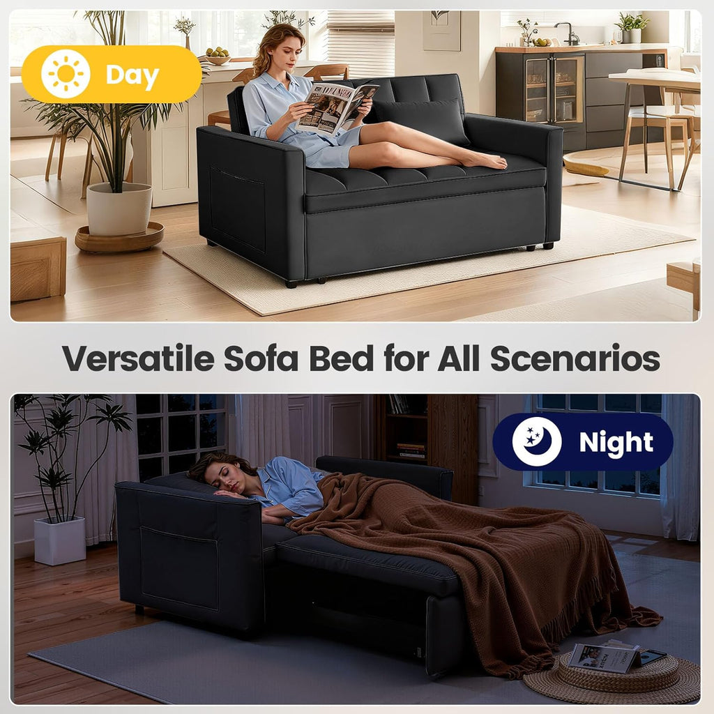 3 in 1 Sofa Bed, Loveseat Sleeper Sofa Bed with Side Pockets, Velvet Fabric Pull Out Couch with Adjustable Backrest for Living Room, Bedroom, Apartment, Black