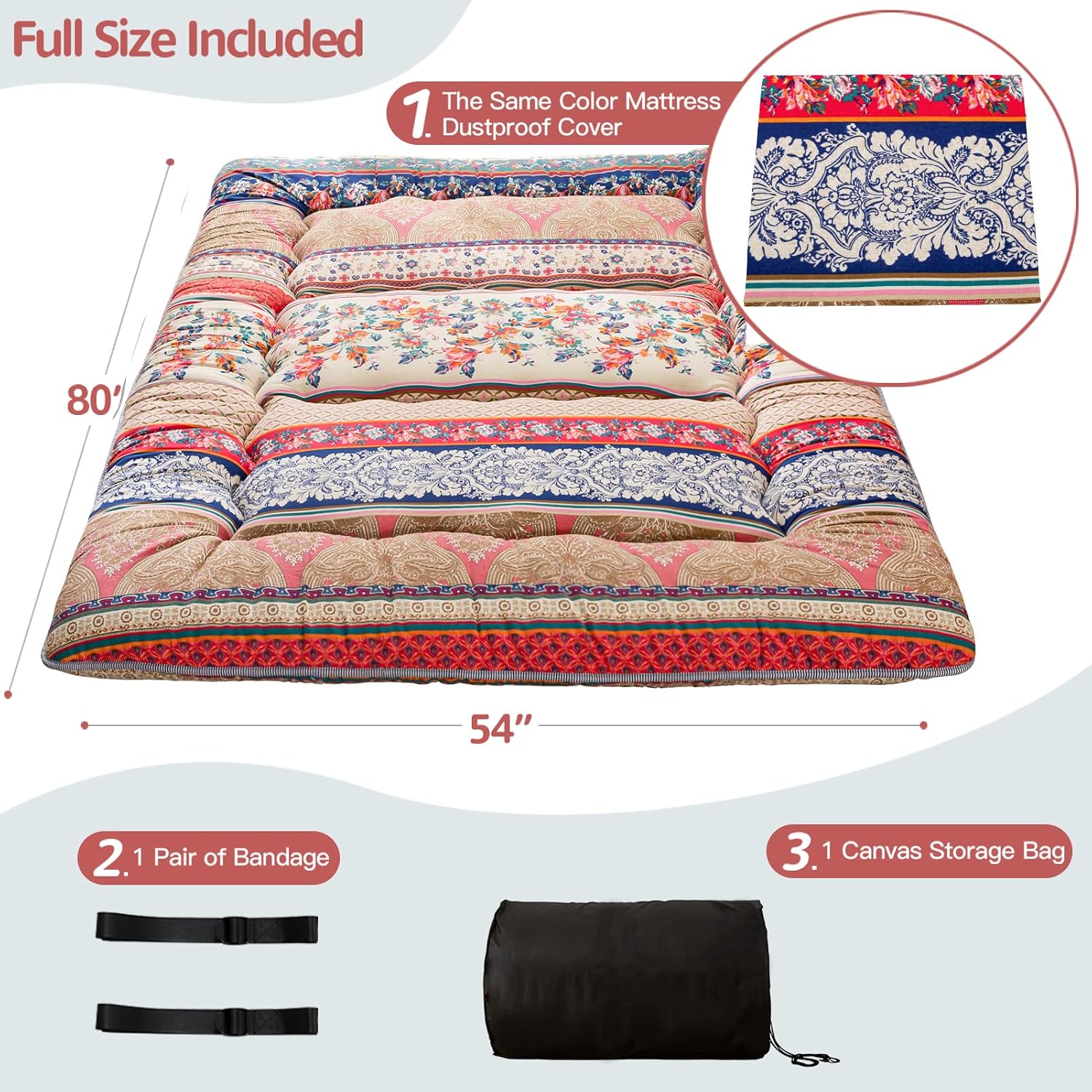 MAXYOYO Bohemian Retro Floor Mattress Vintage Floral Japanese Futon Mattress Roll Up Thicken Sleeping Mat Portable Camping Mattress Floor Lounger Couch Mattress Pad, Full Size