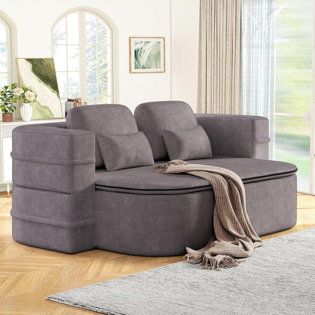 Antetek Convertible Sleeper Sofa, Modern Folding Futon Chenille Floor Foam Compression Loveseat Sofa Bed Couch, Foldable Full Size Guest Bed with 4 Pillows for Living Room Bedroom Apartment, Grey