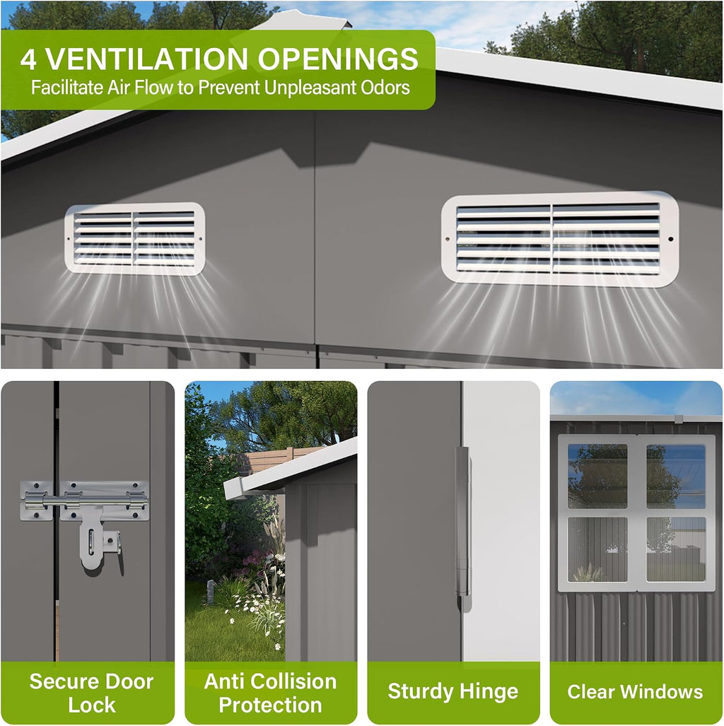 YOPTO 10x14 FT Outdoor Storage Shed,Metal Shed W/ 3 Lockable Doors & Window,Garden Tool House W/ 4 Air Vents & Sloped Roof,All Weather Waterproof for Backyard,Patio,Lawn,Grey