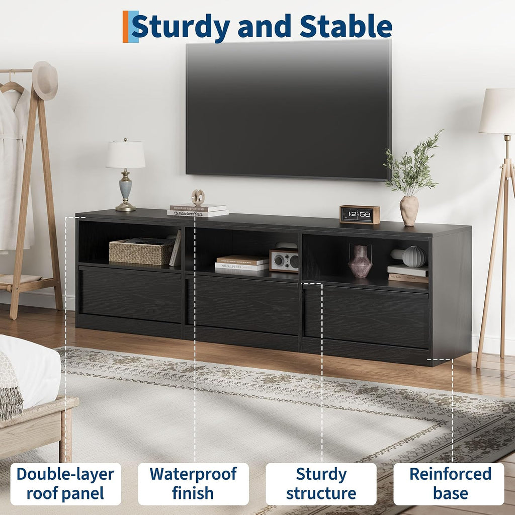 IDEALHOUSE 70 inch TV Stand for 80' TVs, Mid Century Modern Entertainment Center with Storage Drawer & Open Shelves, Wood Media Console Cabinet for Living Room/Bedroom, Black