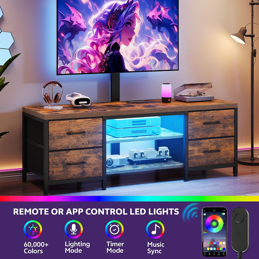 LED TV Stand for Living Room, with Mount, Power Outlet and Fabric Drawers, Entertainment Center w/Height Adjustable TV Mount for 26''-63'' TVs, Industrial Media Console w/Open Storage Shelves