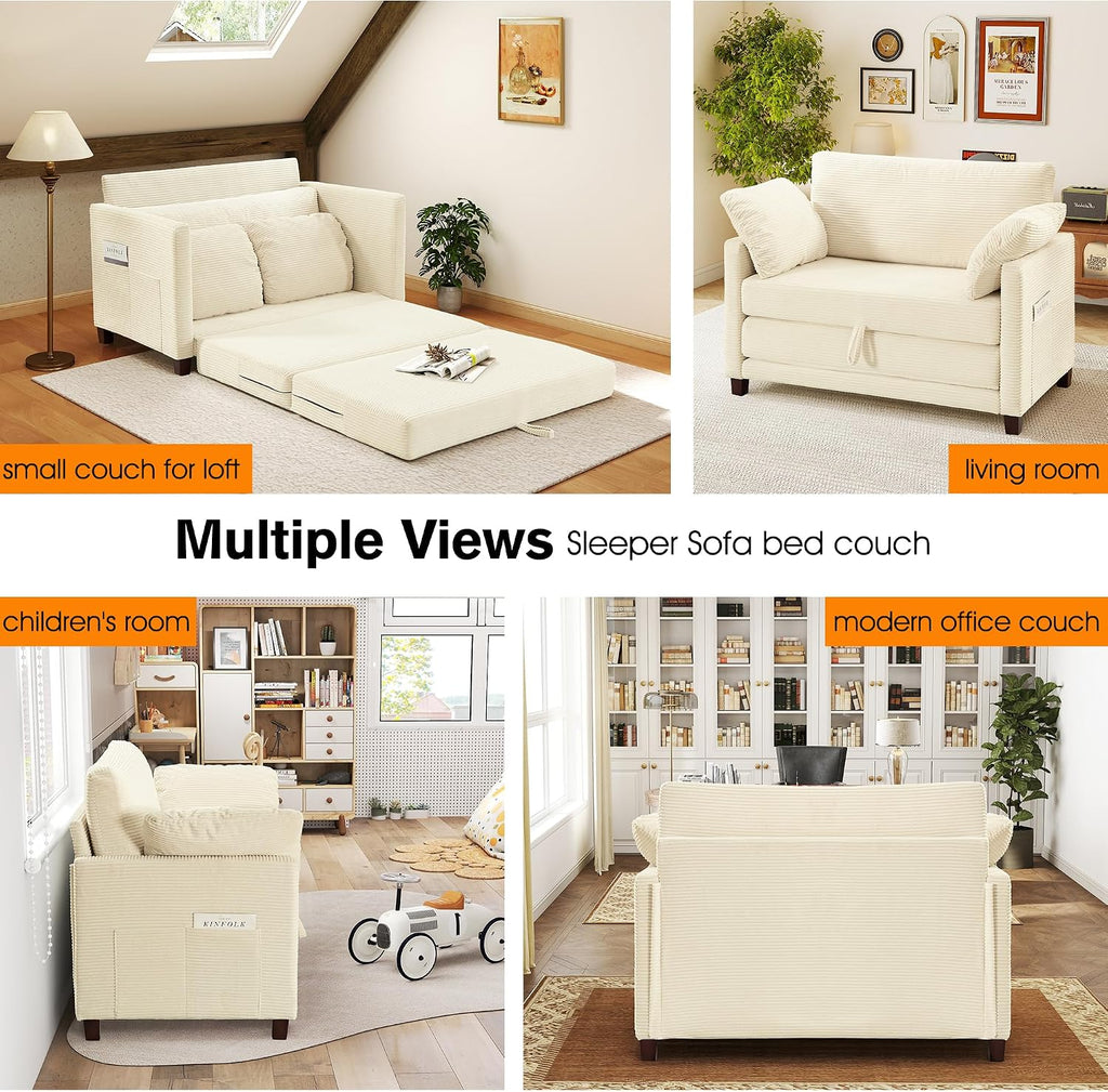 51' Loveseat Sleeper Sofa Bed, Corduroy Convertible Floor Sofa Bed for Small Spaces, Folding Couch Bed with Deep Seat, 2 Pillows & Solid Frame, Pull Out Floor Couch for Living Room, Beige