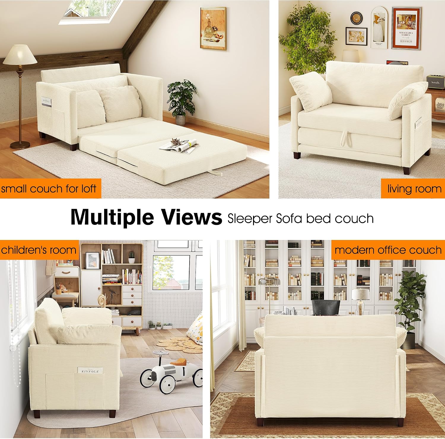 51' Loveseat Sleeper Sofa Bed, Corduroy Convertible Floor Sofa Bed for Small Spaces, Folding Couch Bed with Deep Seat, 2 Pillows & Solid Frame, Pull Out Floor Couch for Living Room, Beige