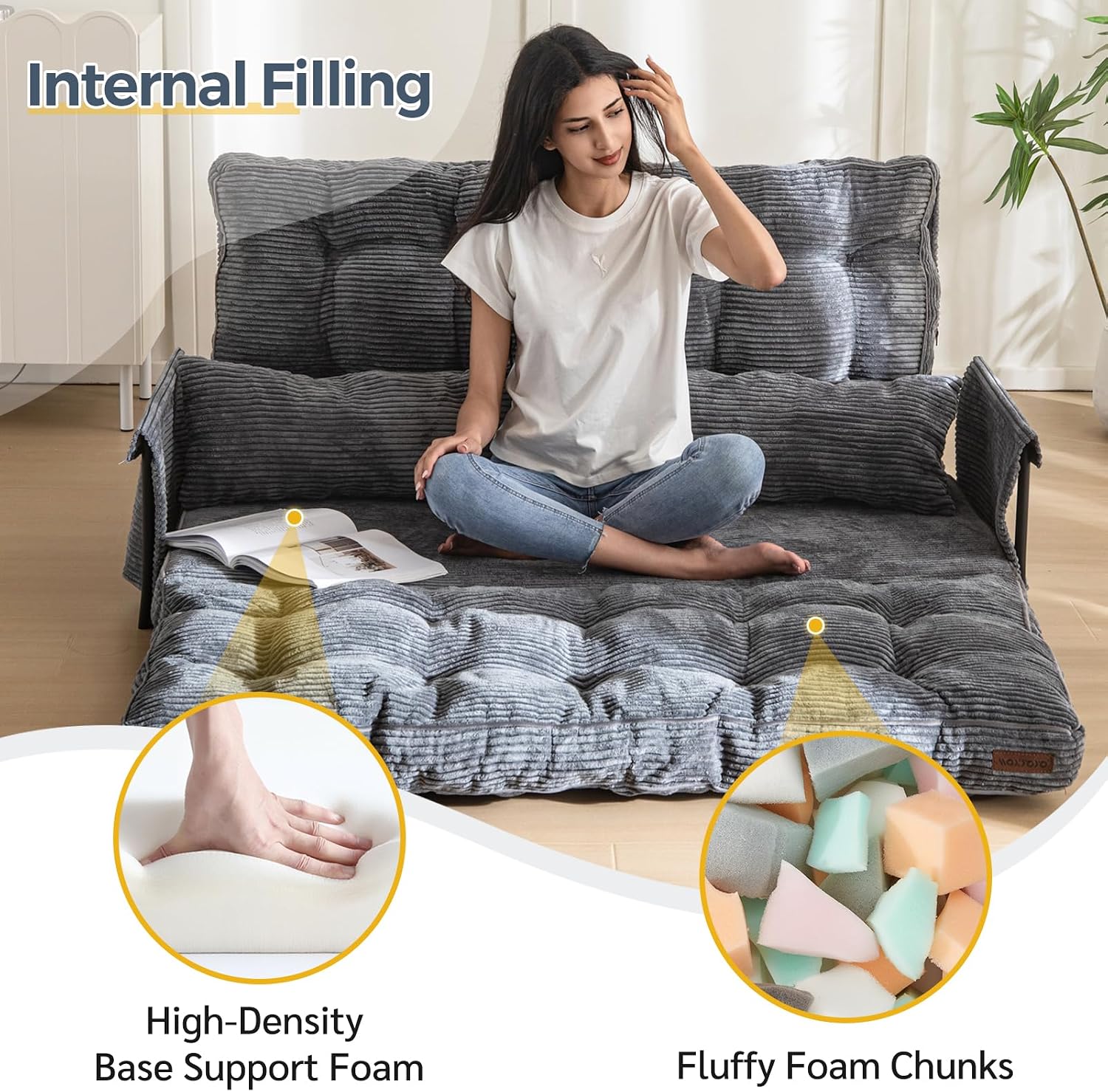MAXYOYO Adjustable Floor Sofa Couch with 2 Pillows, Multi-Functional Bean Bag Bed, 5-Position Foldable Lazy Sofa Sleeper Bed with Armrest, Versatile Floor Seating for Reading, Dark Grey, Double