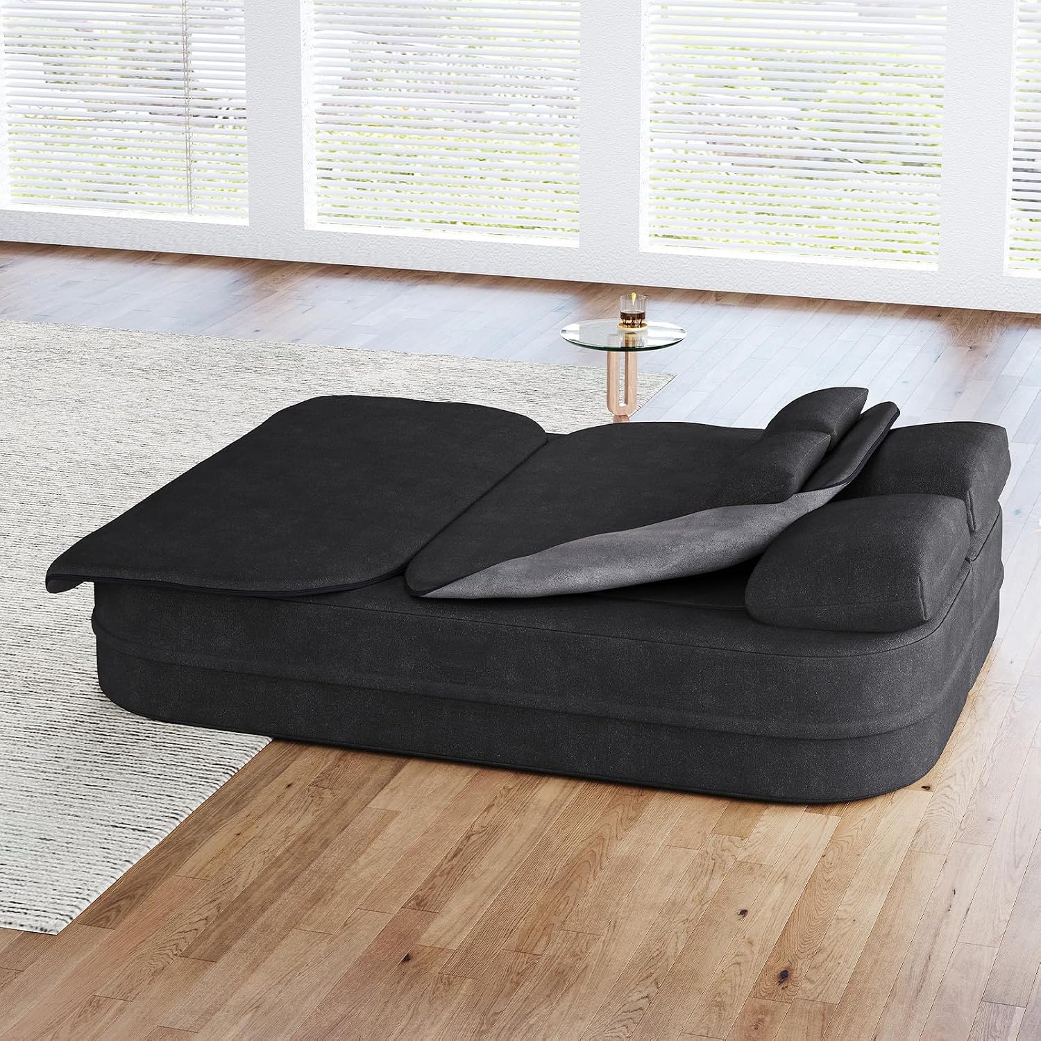 Antetek Convertible Sleeper Sofa, Modern Folding Futon Chenille Floor Foam Compression Loveseat Sofa Bed Couch, Foldable Full Size Guest Bed with 4 Pillows for Living Room Bedroom Apartment, Black