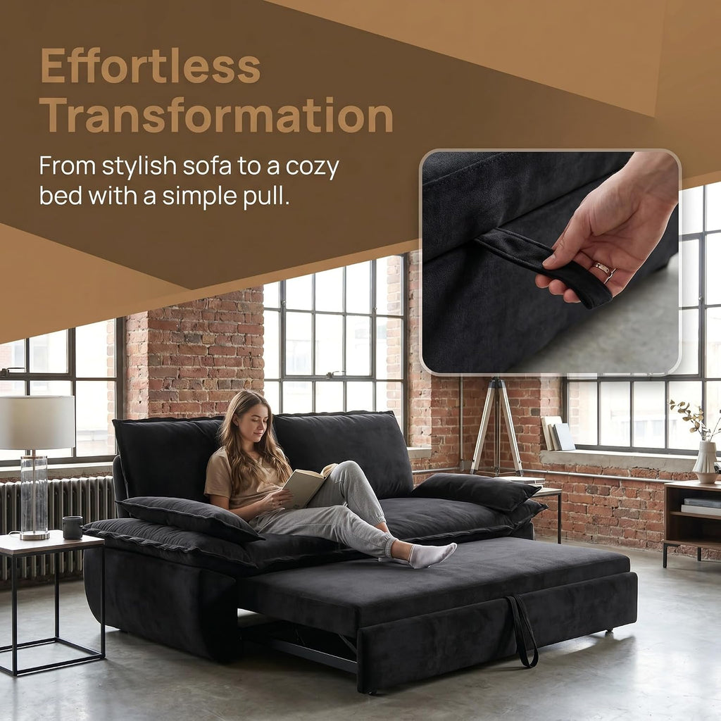 73.2' Sofa Bed Queen, 3-in-1 Pull Out Sofa Bed with Pillow Armrest, Modern Velvet Convertible Sleeper Futon Sofa for Living Room Small Space, Apartment, Bedroom, Black