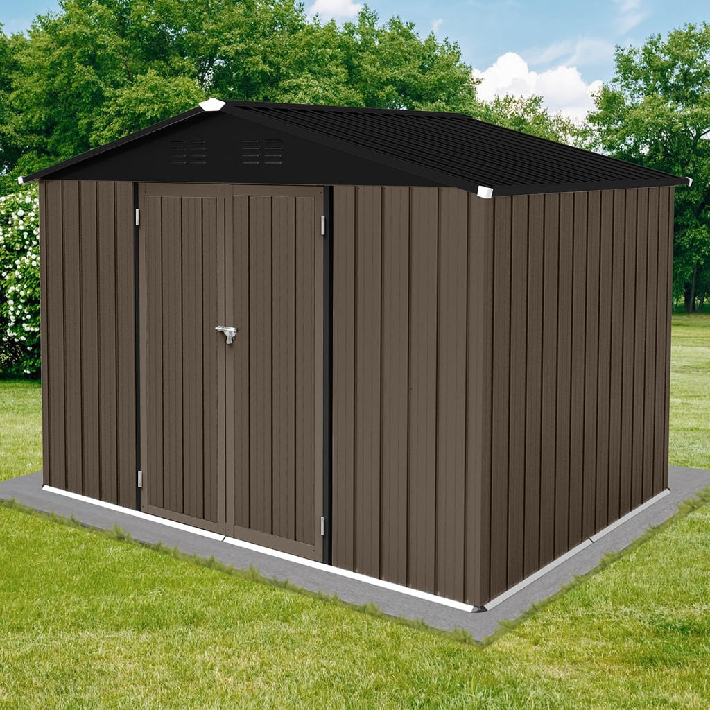 6x8 FT Garden Metal Sheds with Waterproof Roofs and Lockable Doors,Outdoor Storage Tool House W/Punched Vents,Backyard Office Shed,for Bike,Barbeque,Brown + Black