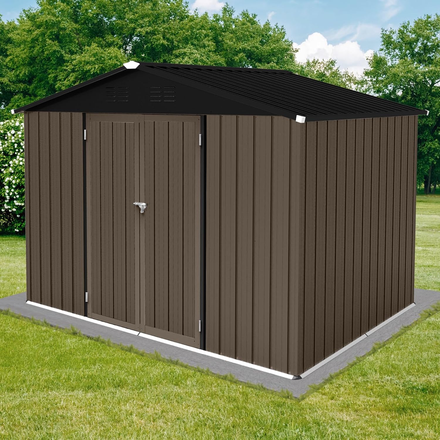 6x8 FT Garden Metal Sheds with Waterproof Roofs and Lockable Doors,Outdoor Storage Tool House W/Punched Vents,Backyard Office Shed,for Bike,Barbeque,Brown + Black