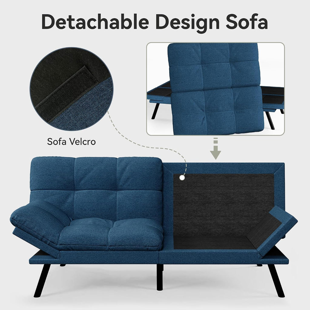 Convertible Futon Sofa Bed,Blue Linen Modern Futon Couch,Memory Foam Loveseat Sleeper Recliner,Detachable Cushion,Adjustable Backrest & Armrest,Couches for Living Room,Office,Apartment