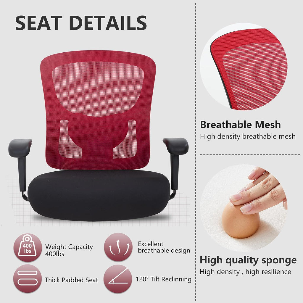 Big and Tall Office Chair 400lbs Desk Chair Mesh Computer Chair with Lumbar Support Wide Seat Adjust Arms Rolling Swivel High Back Task Executive Ergonomic Chair for Home Office (Red)