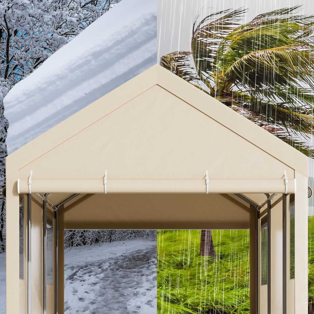 12x20 FT Heavy Duty Carport Canopy, All-Weather Vehicle Shelter with Roll-up Ventilation Windows & Removable Sidewalls, Portable Garage for SUV, Truck, Boat, Khaki