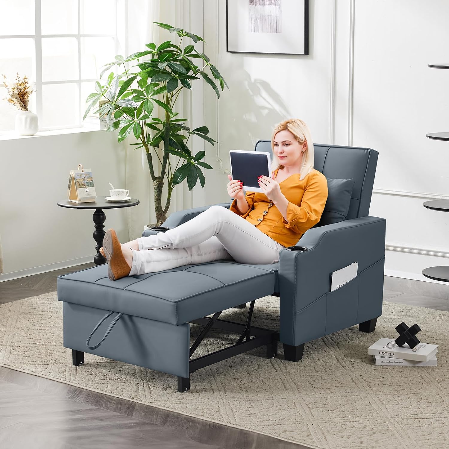 VINGLI Blue Gery Sleeper Chair Bed 3-in-1 Convertible Futon Sofa Bed Pull Out Couch Bed Adjustable Recliner Chair with USB Ports Cup Holders Side Pockets for Living Room Bedroom Small Spaces