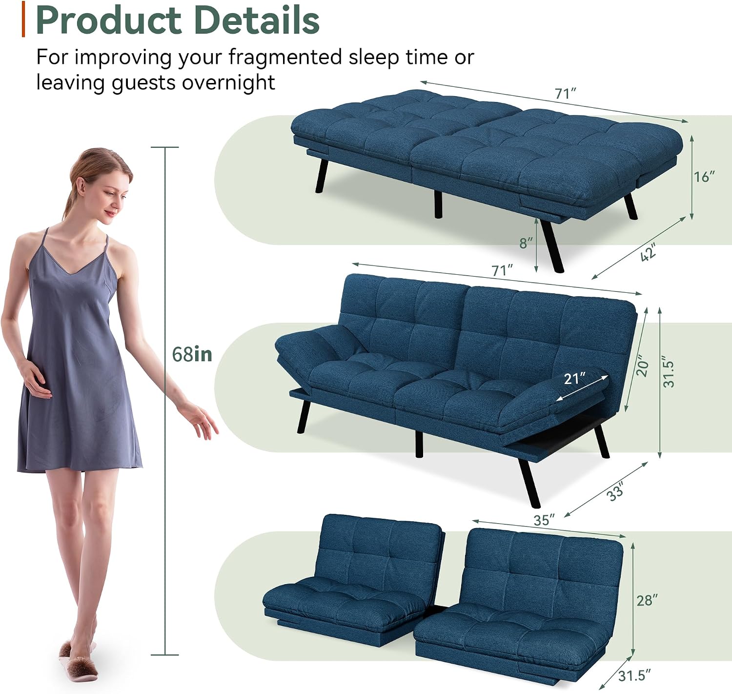 Opoiar Convertible Futon Sofa Bed,71' Memory Foam Futon Couch,Detachable Cushion,Adjustable Backrest & Armrest,Linen Modern Loveseat Sleeper Recliner for Living Room,Office,Apartment,Retro Blue
