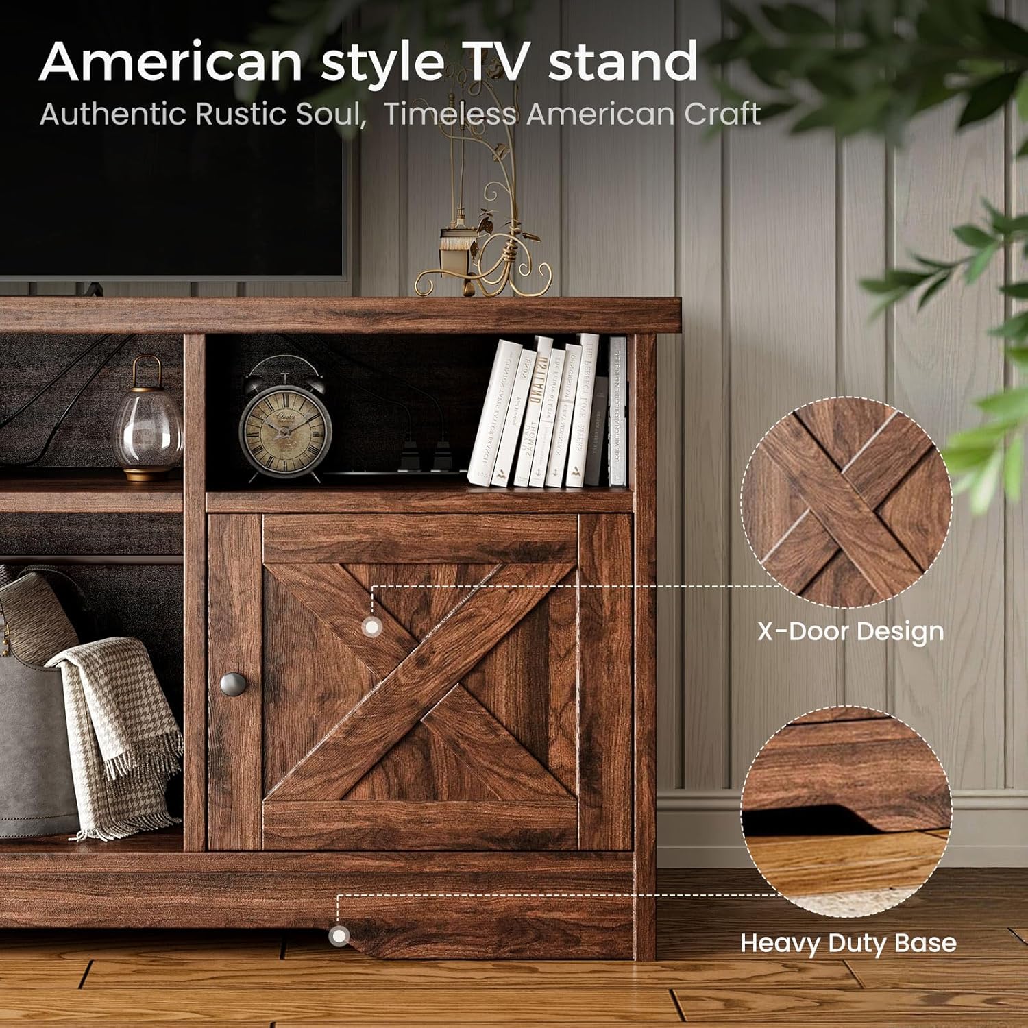Casaottima TV Stand for 65 Inch TV, Farmhouse Entertainment Center with Power Outlet & LED Light and Storage Cabinets, Console Table and Media Furniture for Living Room Bedroom, Walnut