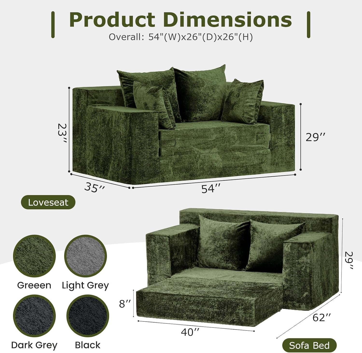 Boneless Couch Loveseat Sleeper, Convertible Sofa Bed Folding Couch Bed, Boneless Chair Bed & Futon Sofa Bed, Small Pull Out Couch Foldable with 4 Pillows for Living Room, Green