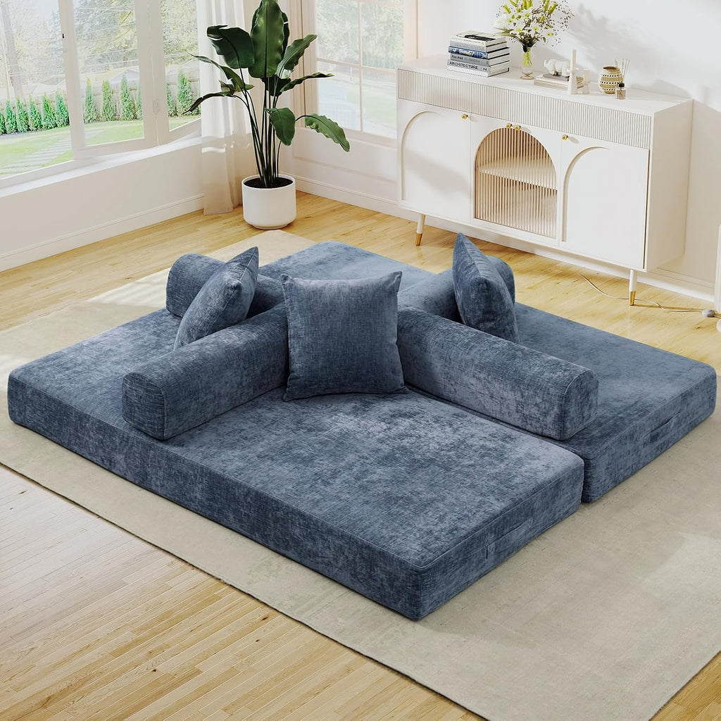 Deolme 3 in 1 Convertible Futon Sofa Bed, Modern King Size Chenille Loveseat Sleeper Sofa Folding, 3-Seater Foldable Lounger Couch Bed for Living Room, Bedroom Guest Room (Blue, 3 Throw Pillows)