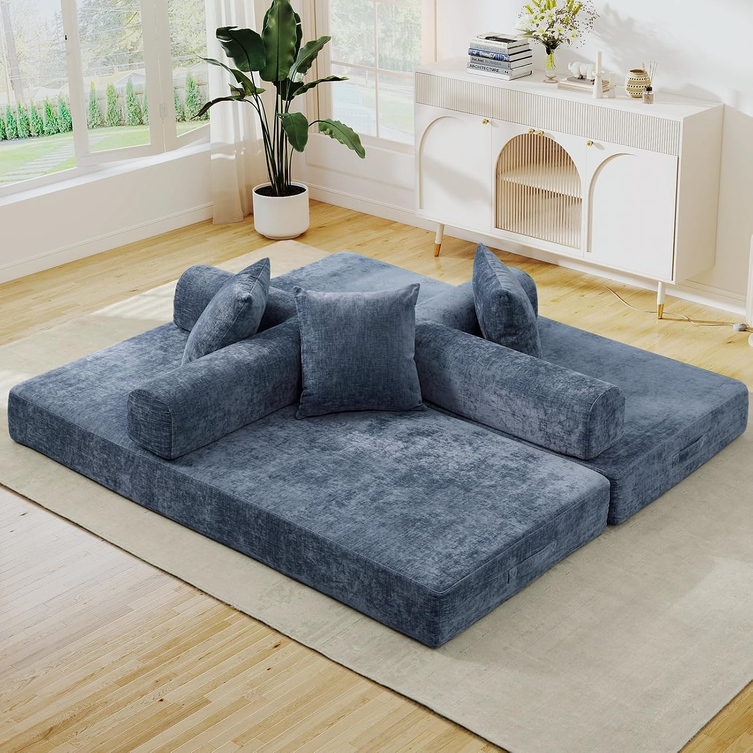 Deolme 3 in 1 Convertible Futon Sofa Bed, Modern King Size Chenille Loveseat Sleeper Sofa Folding, 3-Seater Foldable Lounger Couch Bed for Living Room, Bedroom Guest Room (Blue, 3 Throw Pillows)