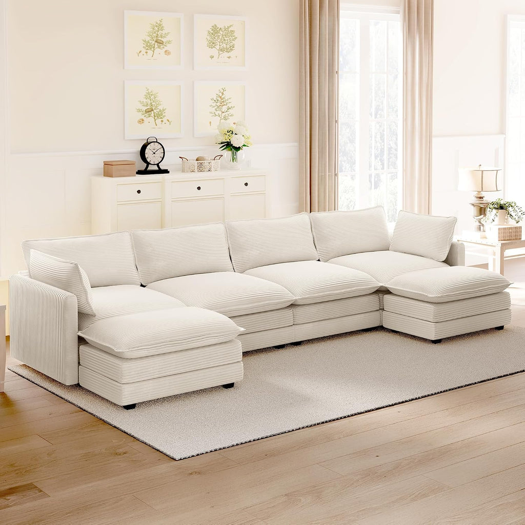 ROWHY 148'' Sectional Cloud Couch with 2 Ottomans, Oversized 4 Seat Sleeper Sofa with 2 Throw Pillows, Convertible Upholstered U Shaped Cozy Sofa Furniture Set for Living Room and Office, Beige