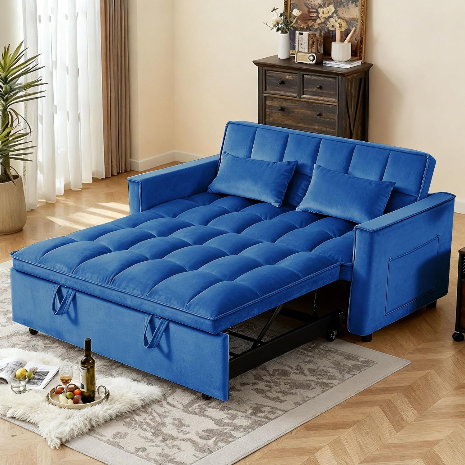Convertible Sofa Bed, Pull Out Couch with Side Pockets, 3 in 1 Velvet Fabric Loveseat Sleeper Sofa Bed, Pull Out Couch with Adjustable Backrest for Living Room, Bedroom, Apartment, Blue