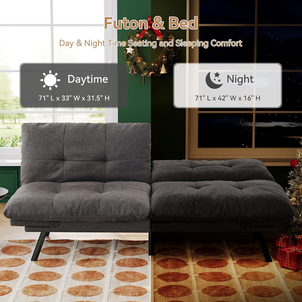Convertible Futon Sofa Bed,71' Modern Fabric Futon Couch with Adjustable Backrest&Armrest,Small Loveseat Sleeper Sofa,Dorm Futonsofa for Apartment,Living Room,Detachable Cushions,Flint Grey
