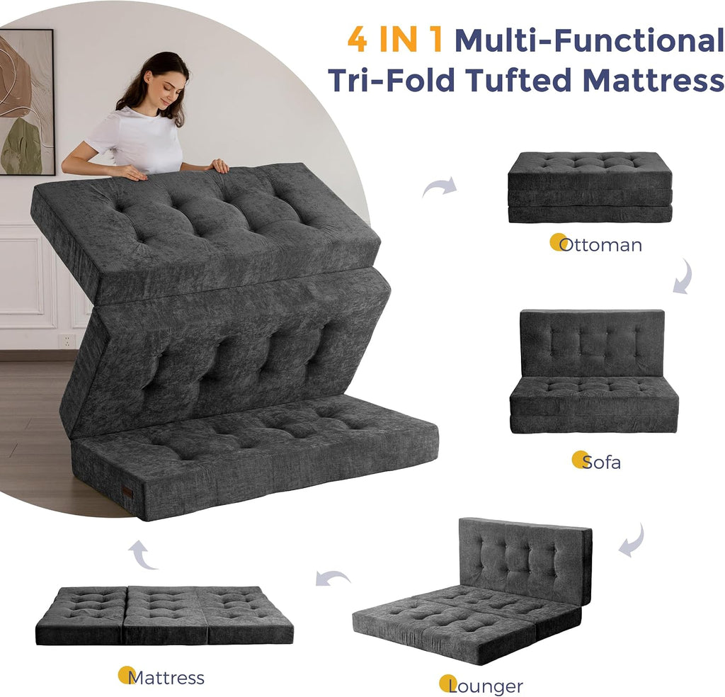MAXYOYO 6' Folding Sofa Bed for Floor, Tufted Tri-Fold Floor Mattress with Chenille Fabric, Queen Size Portable Sofa Couch Guest Mat for Adults, Foldable Topper for Camping, Dark Grey, 59'x78.7'