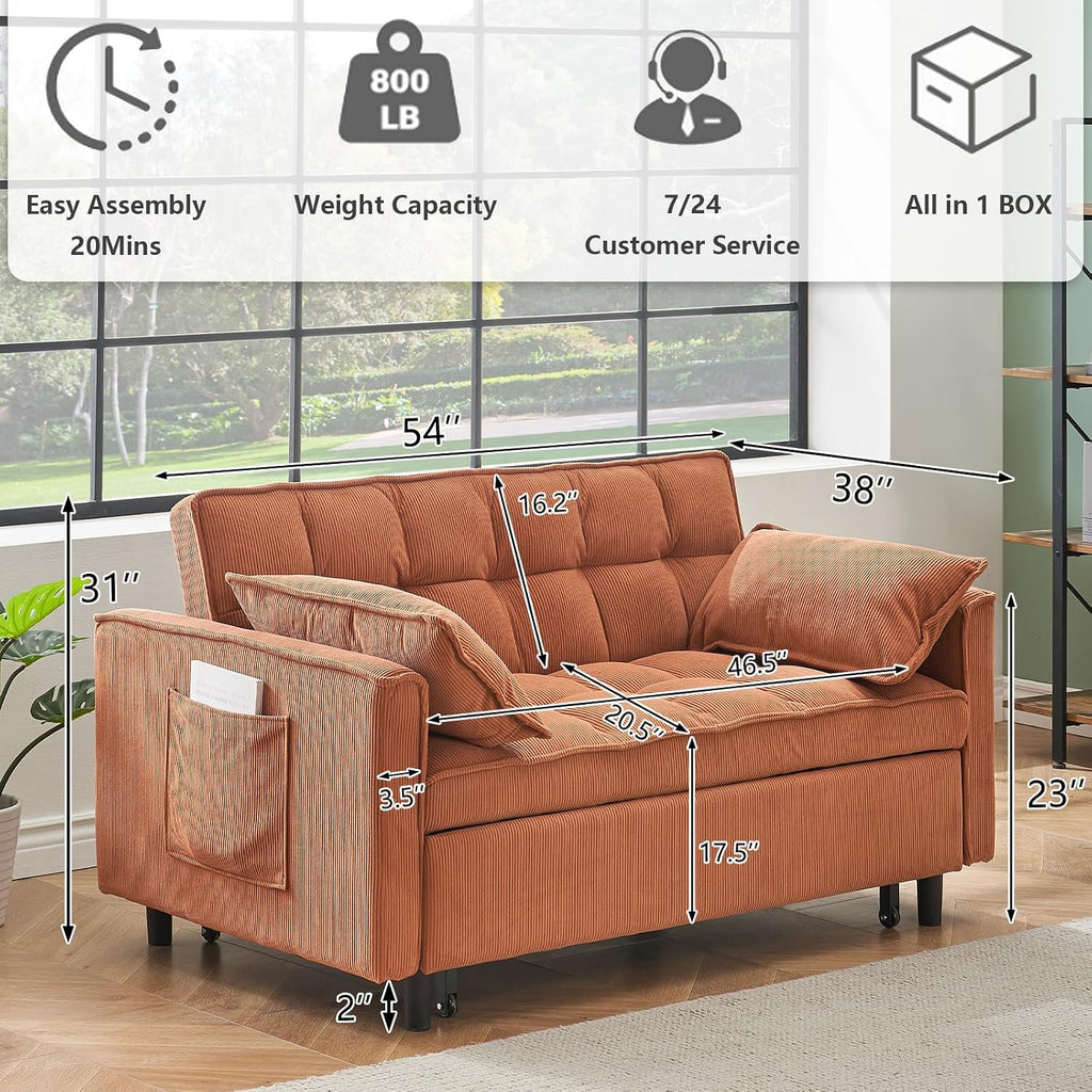 3 in 1 Convertible Sleeper Sofa Bed,Futon Pull Out Couch with Adjustable Backrest,Velvet Fabric Loveseat Sofa with Side Pocket for Bedroom, Living Room (Orange)