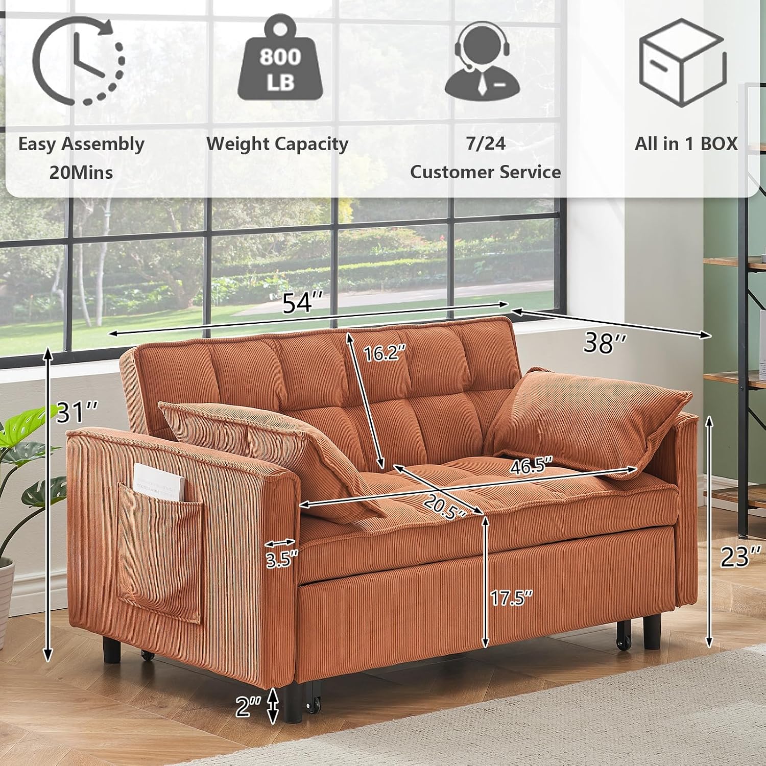 3 in 1 Convertible Sleeper Sofa Bed,Futon Pull Out Couch with Adjustable Backrest,Velvet Fabric Loveseat Sofa with Side Pocket for Bedroom, Living Room (Orange)