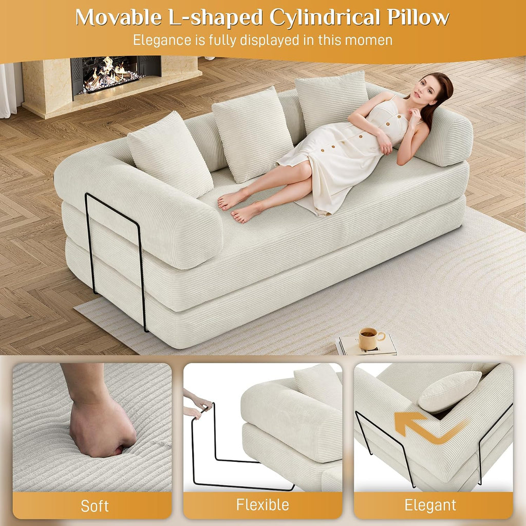 DAMAIFROM Convertible Sleeper Sofa Bed with Cylindrical Pillow,Corduroy Folding Mattress Couch with Fixed-Shape Frame,Modular Floor Sofa Lounge Couch for Living Room Bedroom Lounge,80',Beige White