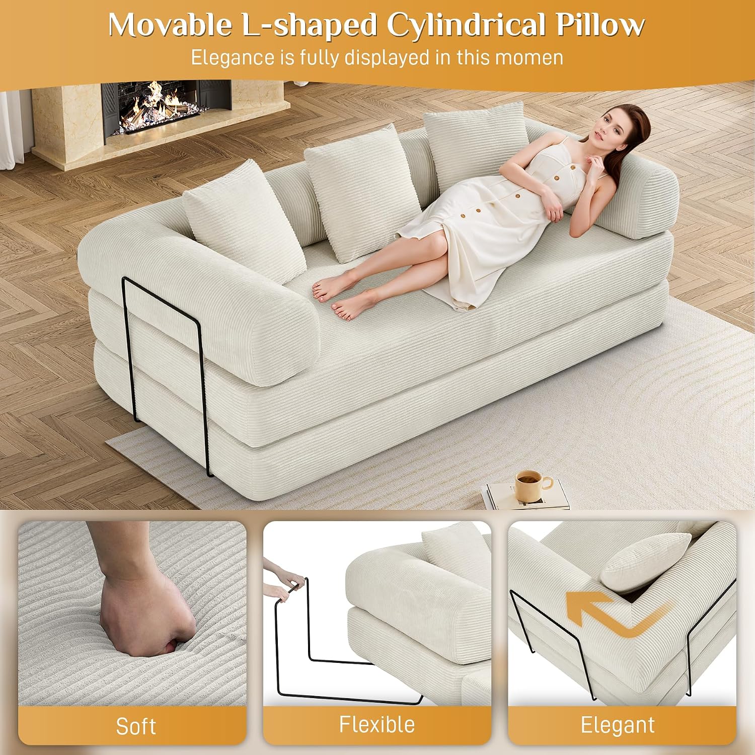 DAMAIFROM Convertible Sleeper Sofa Bed with Cylindrical Pillow,Corduroy Folding Mattress Couch with Fixed-Shape Frame,Modular Floor Sofa Lounge Couch for Living Room Bedroom Lounge,80',Beige White
