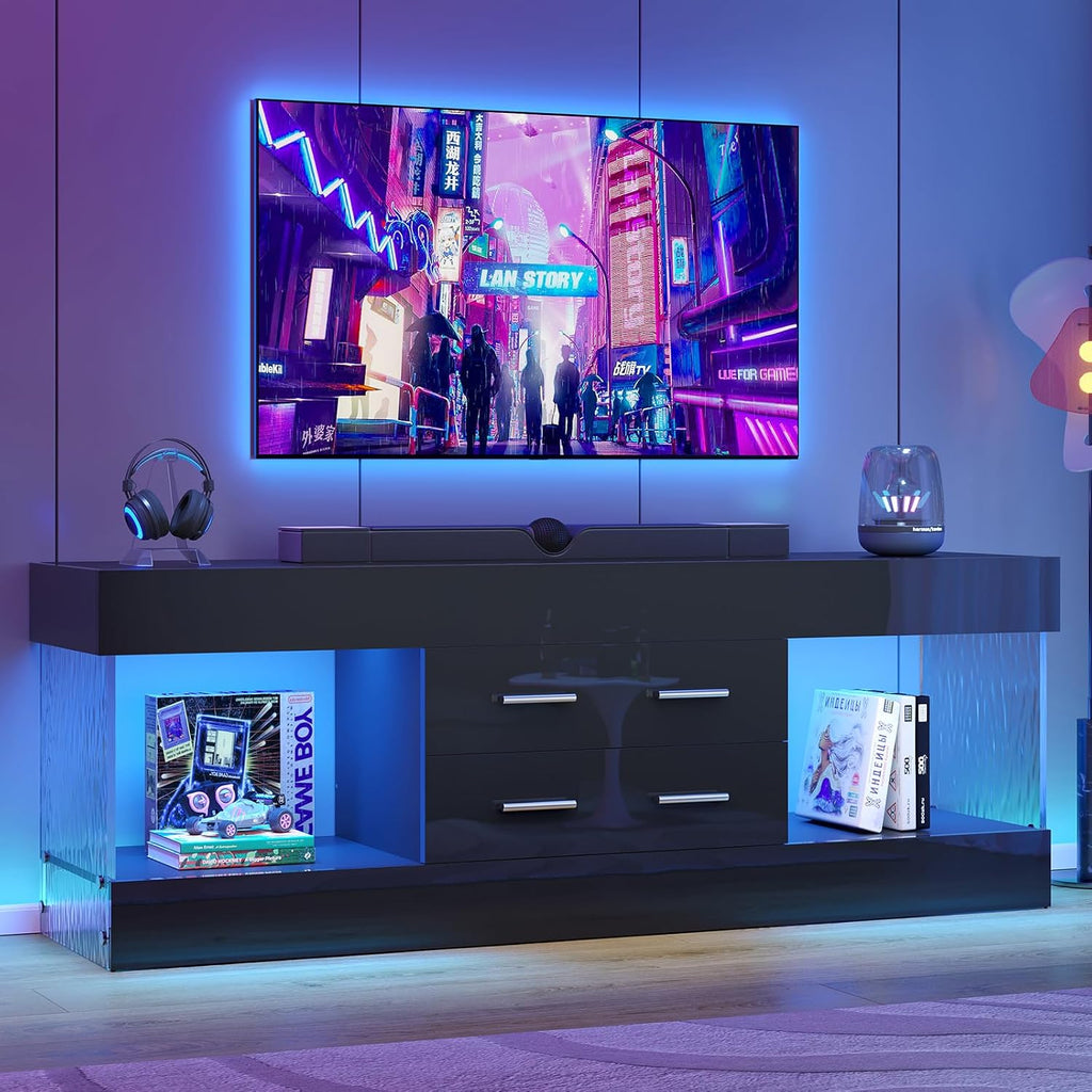 Bestier Modern 60 Inch TV Stand for 65/60/55+ TV, High Gloss Black Entertainment Center with 2 Drawers & LED Lights, Stone-Pattern Side Panels TV Consoles for Living Room, Bedroom