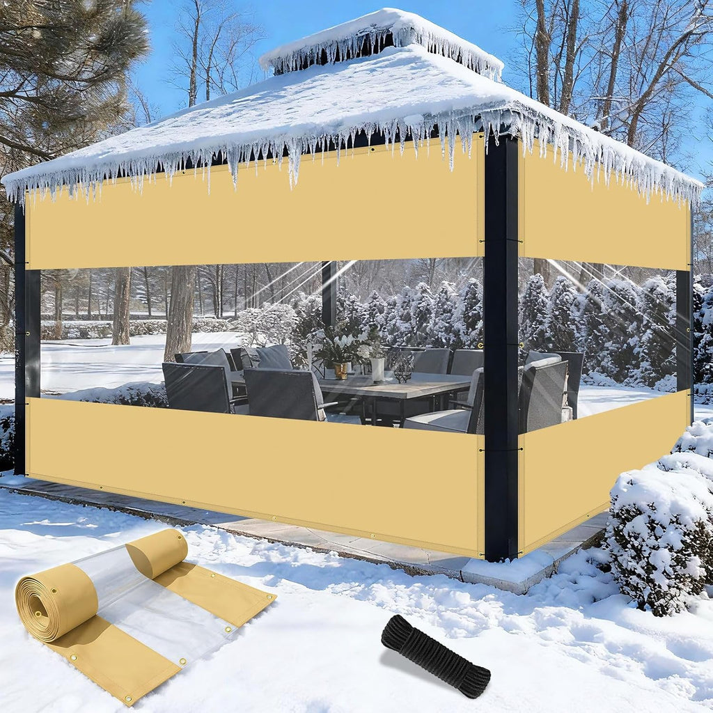 Shade&Beyond Outdoor Vinyl Curtain, 12'W x 18'L Heavy Duty Clear Tarp with Grommets Waterproof, Privacy Clear Panel UV-Resistant for Pergola Gazebos Porch Enclosure Patio(Customized Size, Beige)