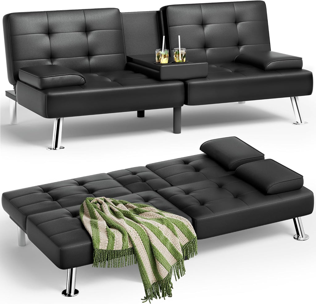JUMMICO Faux Leather Futon Sofa Bed Futon Couch with Removable Armrests Adjustable Sleeper Sofa Bed with 2 Cup Holders for Living Room (PU Leather, Black)