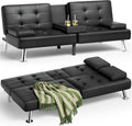 JUMMICO Faux Leather Futon Sofa Bed Futon Couch with Removable Armrests Adjustable Sleeper Sofa Bed with 2 Cup Holders for Living Room (PU Leather, Black)