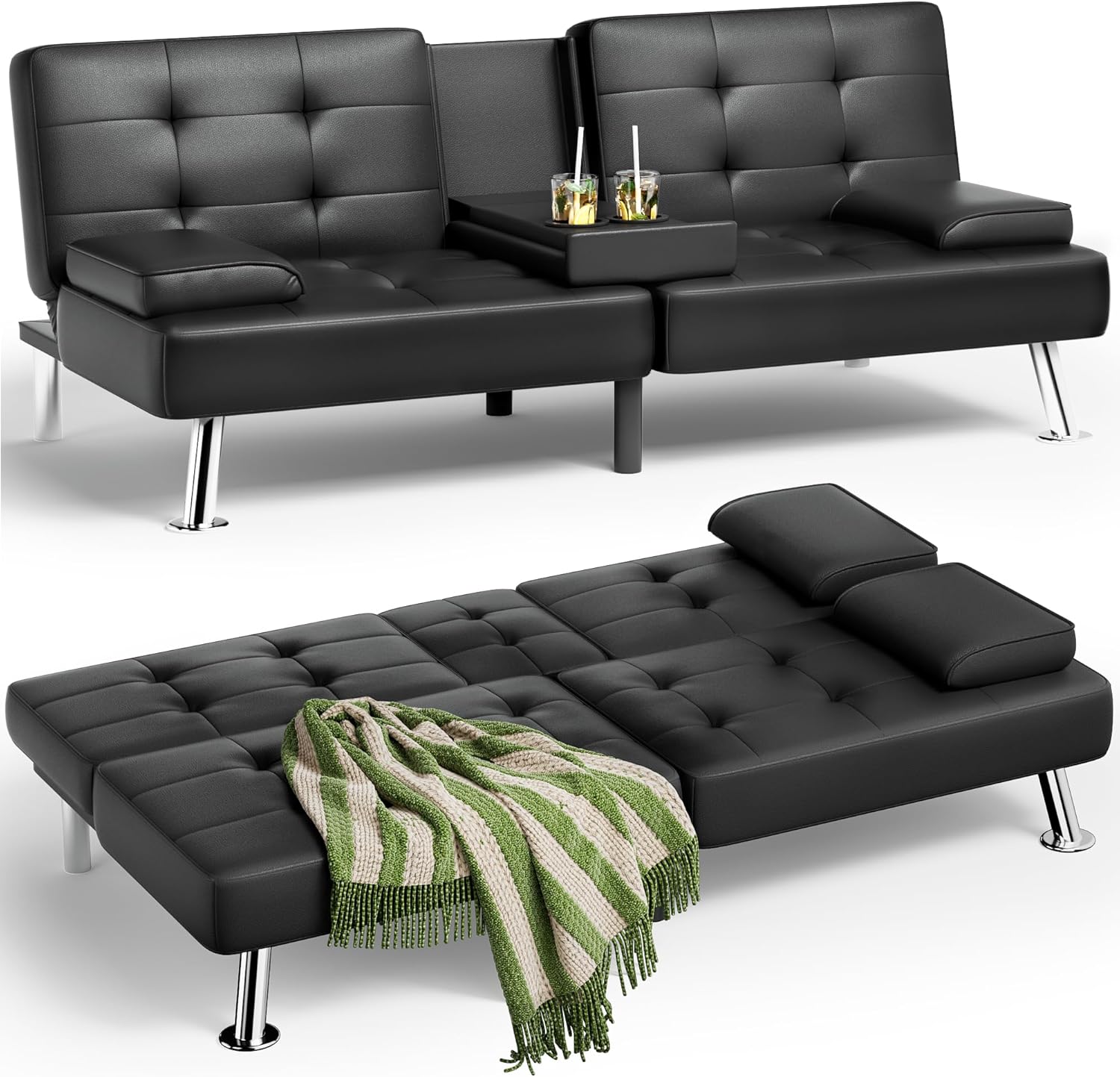 JUMMICO Faux Leather Futon Sofa Bed Futon Couch with Removable Armrests Adjustable Sleeper Sofa Bed with 2 Cup Holders for Living Room (PU Leather, Black)